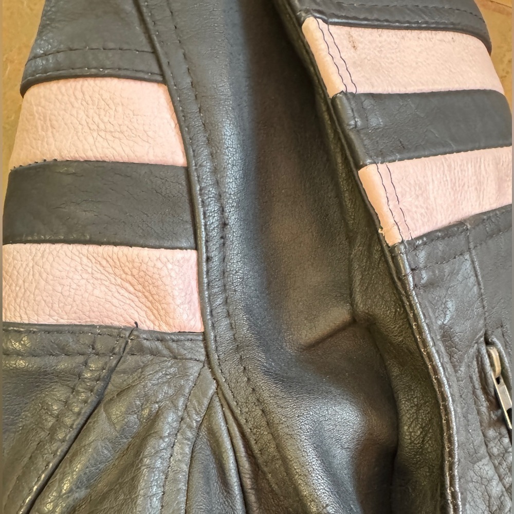 Women’s VINTAGE LEATHER Moto RACING Strip BLACK PINK Jacket L - Picture 8 of 8